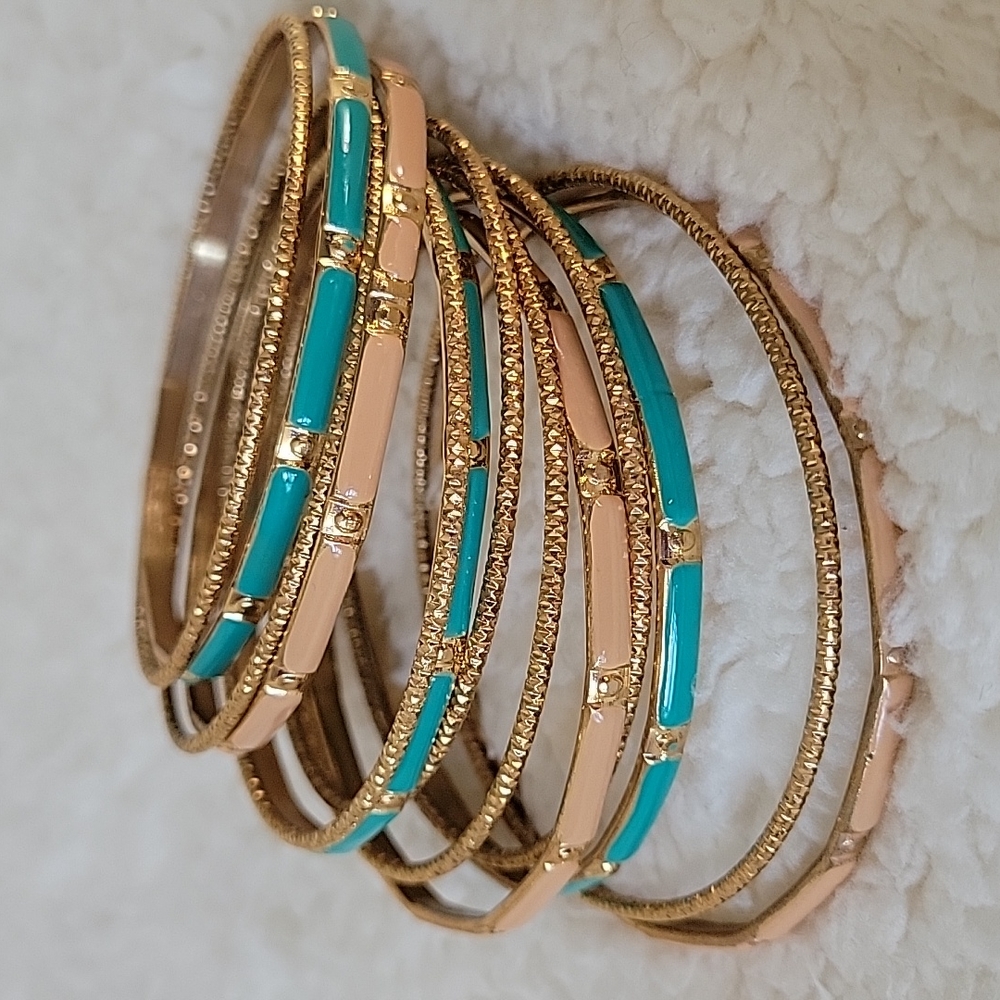 Set of 13 Rose Gold Peach & Turquoise Tone Bangle Bracelets